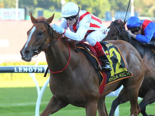 SYDNEY, AUSTRALIA - APRIL 15:  Craig Williams riding Giga Kick wins Race 8 Schweppes All Aged Stakes during "Schweppes All Aged Stakes Day" - Sydney Racing at Royal Randwick Racecourse on April 15, 2023 in Sydney, Australia. (Photo by Jeremy Ng/Getty Images)