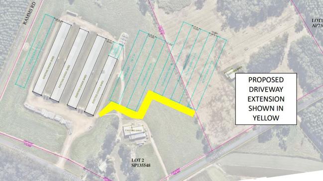 The proposed new chook sheds outlined in blue.