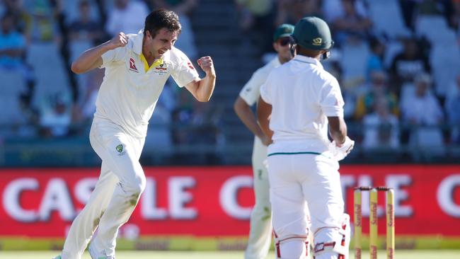Cummins celebrates the dismissal of Temba Bavuma.