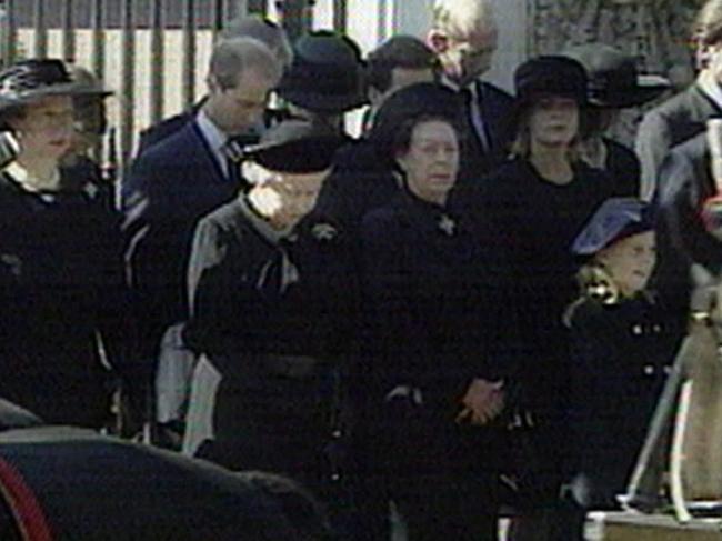 Queen Elizabeth II broke royal protocol as she bowed her head during Princess Diana’s funeral procession. Picture: BBC