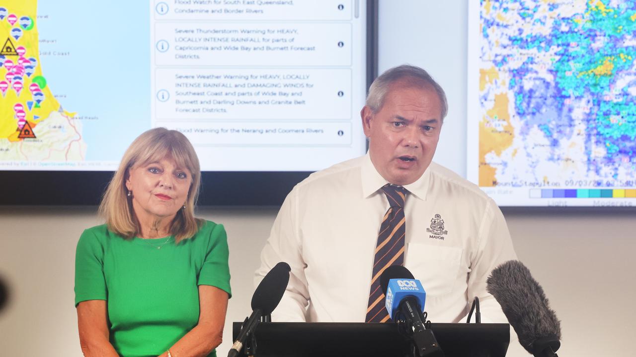 Deputy Mayor Donna Gates and Mayor Tom Tate at the disaster management press conference on the Gold Coast on Sunday. Picture Glenn Hampson