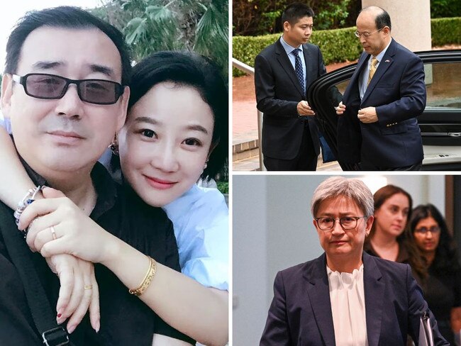 Yang Hengjun with his wife Yuan Xiaoliang, main, China's ambassador Xiao Qian arrives at DFAT in Canberra, top right, and Foreign Minister Penny Wong. Picture: NCA NewsWire / Martin Ollman