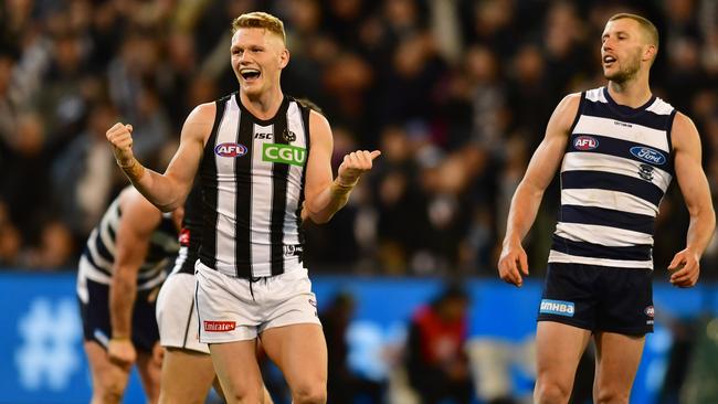 Adam Treloar celebrates Collingwood’s qualifying final win. Picture: Stephen Harman