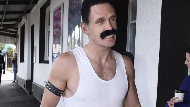 Skipper Joel Selwood channels his inner Freddie Mercury. Picture: Alan Barber