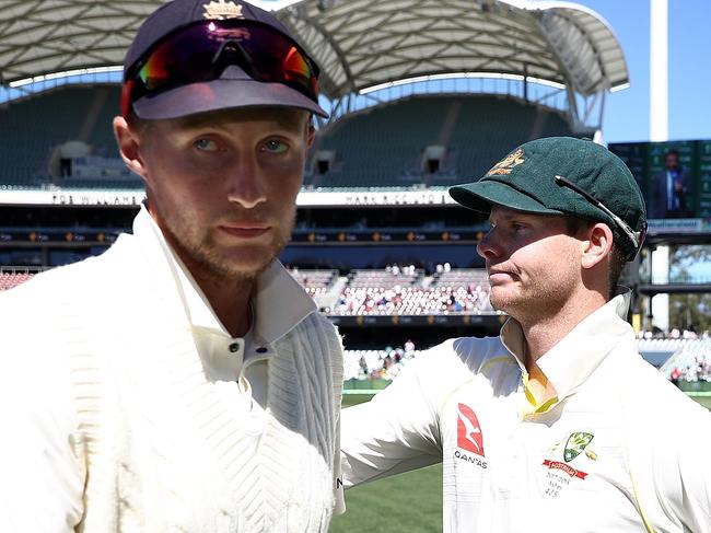 ADELAIDE, AUSTRALIA - DECEMBER 06: Joe Root of England congratulates Steve Smith of Australia after Australia claimed victory during day five of the Second Test match during the 2017/18 Ashes Series between Australia and England at Adelaide Oval on December 6, 2017 in Adelaide, Australia. (Photo by Ryan Pierse/Getty Images)