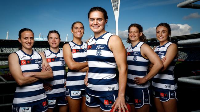 Geelong’s AFLW leadership group: Chantel Emonson, Mikayla Bowen, Rebecca Webster, Meghan McDonald, Nina Morrison and Amy McDonald. Picture: Michael Willson/AFL Photos.