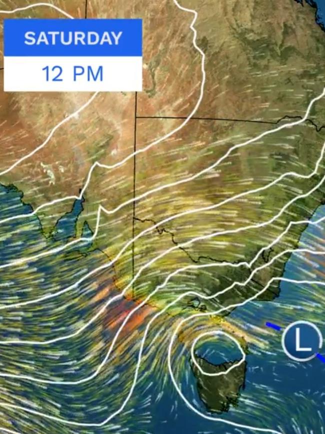 Damaging wind warnings are in place for much of south-eastern Australia. Picture: Supplied / BOM via X