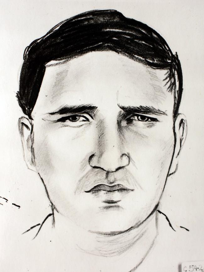 Police drawing of a man seen running across High St, Thornbury, in front of the bookshop where Maria James was murdered in 1980. It was done from a description provided by a woman who saw him. Police believe the man was probably the killer. The man who ran across the road was never found.