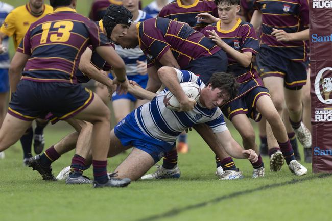 St Edmund's College backrower Will Tatt stretches out to score at the 2025 Ballymore Cup.