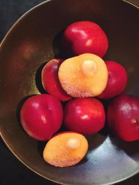 Yellow nectarine, rose and almond petit fours at IDES. Picture: Instagram/IDES