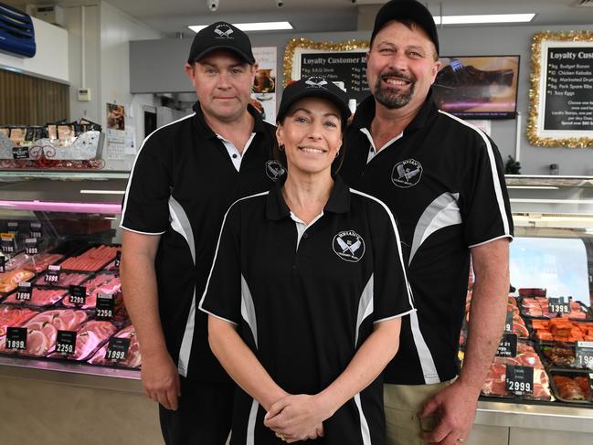 Number 1: Manager Jules Webster and owners Angela and Brian Rollason of Brian’s Gourmet Meats, Lyndhurst. Picture: Penny Stephens