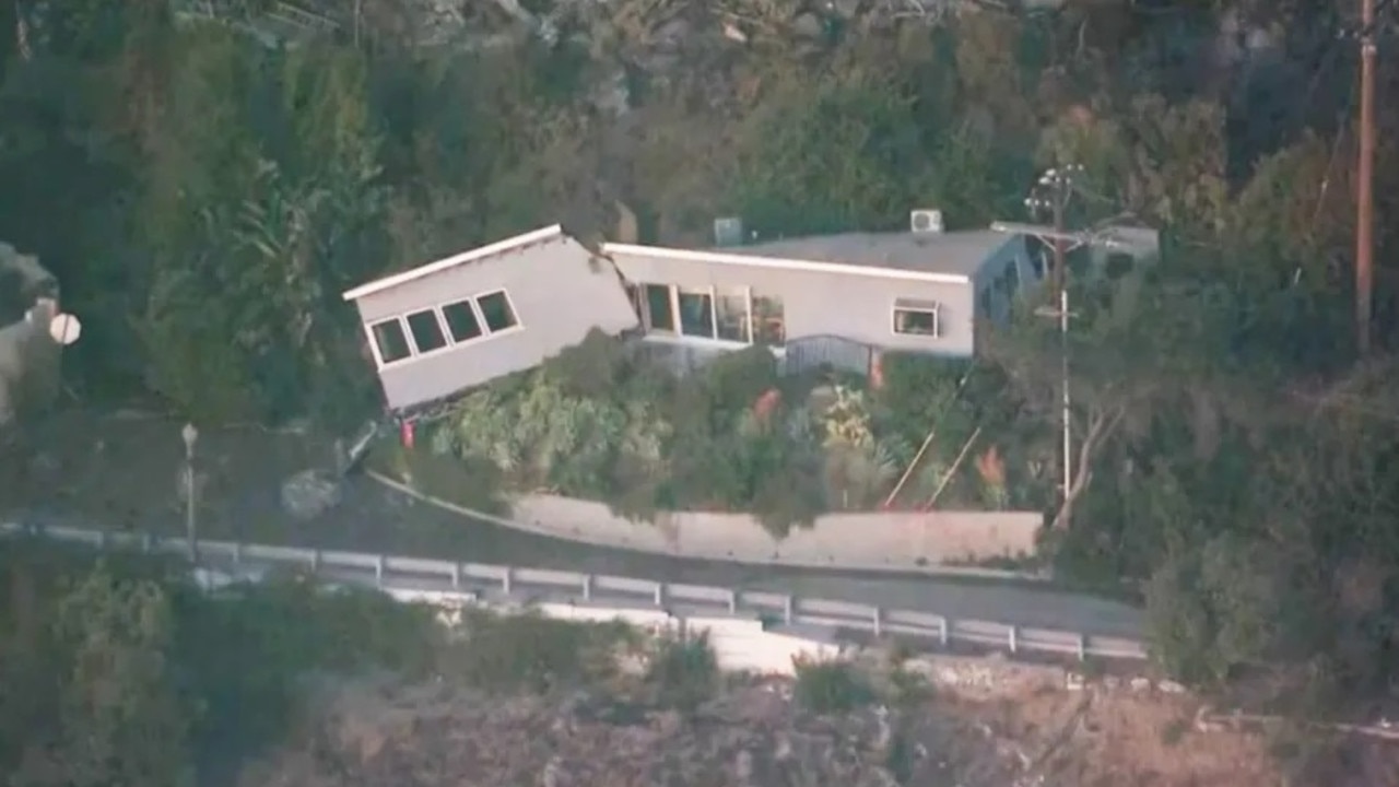 The Pacific Palisades home split in two by a mudslide. Picture: KLTA