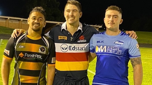 Penrith captain Delahoya Manu and Two Blues Player Michael Zakhia met with their old teacher Colm McCaughan at the match.