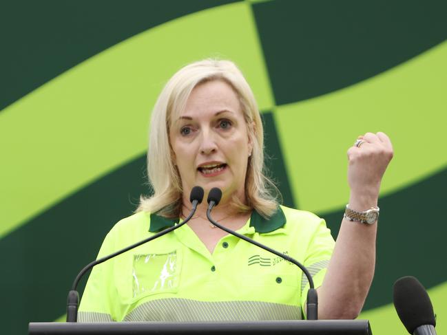 SYDNEY, AUSTRALIA - NewsWire Photos MARCH 14, 2024:Team Global Express Ceo Christine Holgate pictured speaking at the official launch of the Team Global Express Battery Electric Vehicle fleet. Eastern Creek. Picture: NCA NewsWire / Damian Shaw