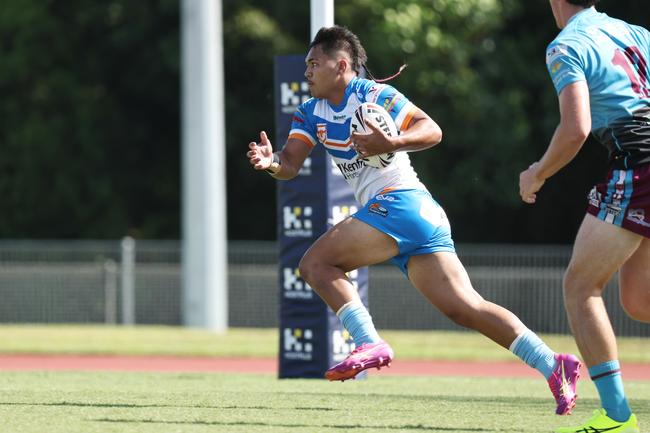 Taakoi Benioni looks for a gap in the Queensland Rugby League (QRL) Under 19 Men's match between the Northern Pride and the Mackay Cutters, held at Barlow Park. Picture: Brendan Radke