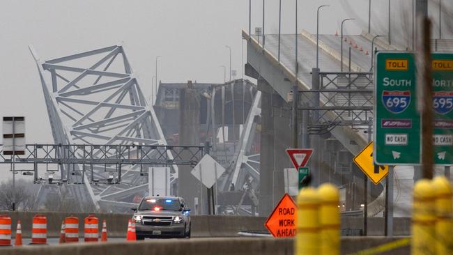 Police block off the approach of the collapsed Francis Scott Key Bridge on March 28, 2024 in Baltimore, US. Picture: Scott Olson/Getty Images/AFP