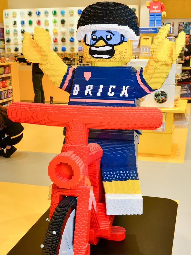 A 3D LEGO South Australian cyclist in tribute to the TDU event at the official lego store at Westfield Marion. Picture: Brenton Edwards.