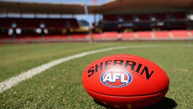 SYDNEY, AUSTRALIA - MARCH 19: A match ball Sherrin is seen during the round one AFL match between Greater Western Sydney Giants and Adelaide Crows at GIANTS Stadium, on March 19, 2023, in Sydney, Australia. (Photo by Cameron Spencer/AFL Photos/Getty Images)