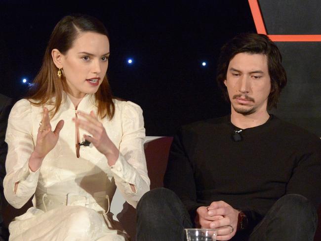 Adam Driver with Star Wars co-star Daisy Ridley at a press conference for The Last Jedi in Los Angeles. Picture: Charley Gallay/Getty Images for Disney