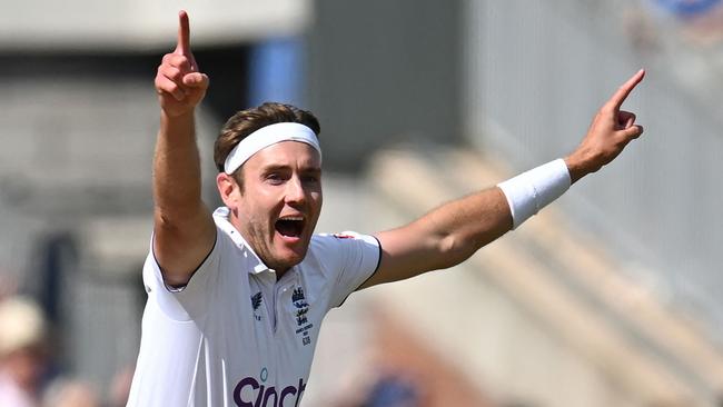 England’s Stuart Broad celebrates his 600th Test wicket after dismissing Australia’s Travis Head. Picture: AFP