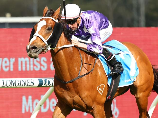 SYDNEY, AUSTRALIA - SEPTEMBER 23: Nash Rawiller riding Espiona wins Race 6 Racing and Sports Golden Pendant during "Kia Golden Rose Day" - Sydney Racing at Rosehill Gardens on September 23, 2023 in Sydney, Australia. (Photo by Jeremy Ng/Getty Images)