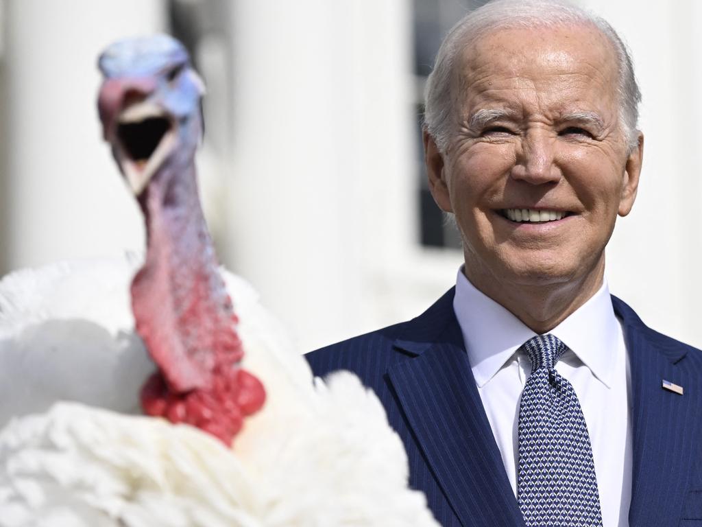US President Joe Biden pardons the national Thanksgiving turkey, Liberty, during a pardoning ceremony at the White House in Washington, DC on November 20, 2023. (Photo by ANDREW CABALLERO-REYNOLDS / AFP)