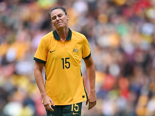 BRISBANE, AUSTRALIA - SEPTEMBER 03: Emily Gielnik of Australia reacts after a failed attempt on goal during the International Women's Friendly match between the Australia Matildas and Canada at Suncorp Stadium on September 03, 2022 in Brisbane, Australia. (Photo by Albert Perez/Getty Images)