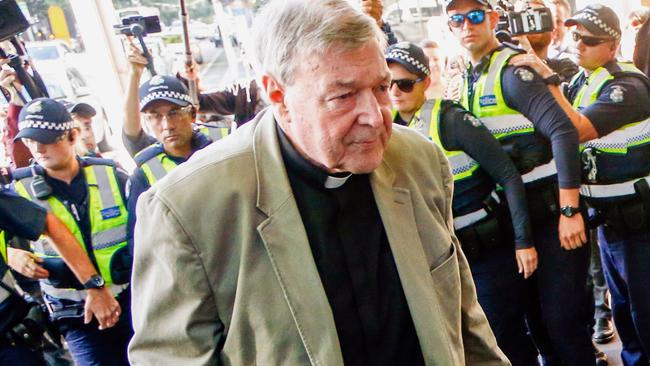 George Pell arrives at Melbourne Magistrates’ Court. Picture: AP