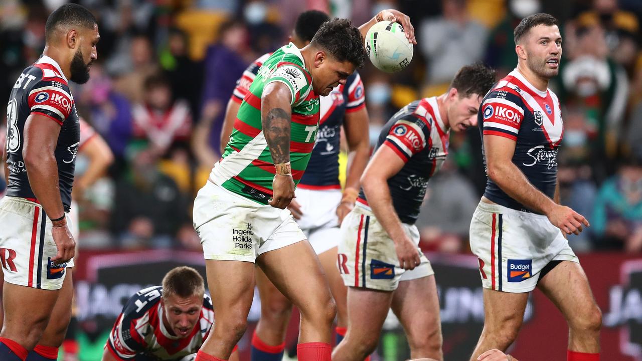 BRISBANE, AUSTRALIA - AUGUST 27: Latrell Mitchell of the Rabbitohs reacts after scoring a try during the round 24 NRL match between the Sydney Roosters and the South Sydney Rabbitohs at Suncorp Stadium on August 27, 2021, in Brisbane, Australia. (Photo by Chris Hyde/Getty Images)