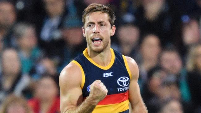 Richard Douglas after kicking a goal in Showdown 44 on Saturday night. Picture: David Mariuz (AAP).                        <a capiid="ba2a8057e4476eeb99bc959b55ca97f1" class="capi-video">Crows press conference</a>