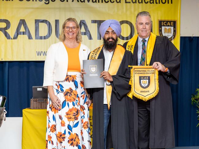 Minister Marie-Clare Boothby, Lovepreet Singh and Sean Mahoney Chief executive at the International College of Advanced Education Graduation, May 2025. Picture: Pema Tamang Pakhrin