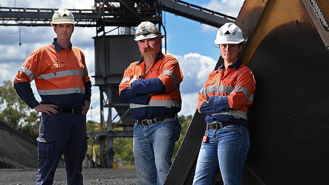 General manger Dave O’Dwyer, training coordinator John Haywood and environmental officer Jaymee Wicks at the New Acland Coal mine. Picture: Lyndon Mechielsen