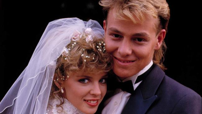 The wedding of Charlene and Scott was one of the iconic Neighbours moments. Picture: Network Ten