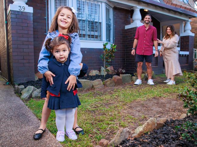 Daily Telegraph. 31, August, 2023.(story for the Daily Telegraph about the most popular areas to buy in Sydney). Sam and Victoria Kazacos, with their children, Ariane, 6, and Maia, 2, at their property, in Mascot, today. Picture: Justin Lloyd.