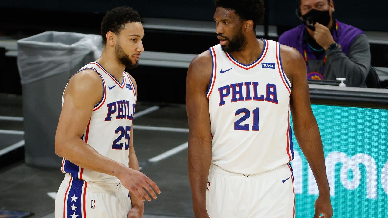 Ben Simmons and former 76ers teammate Joel Embiid. Picture: Getty Images