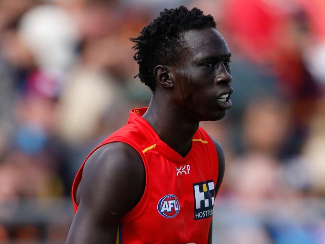 ADELAIDE, AUSTRALIA - APRIL 07: Mac Andrew of the Suns in action during the 2024 AFL Round 04 match between the Gold Coast SUNS and GWS GIANTS at Adelaide Hills - Mt Barker on April 07, 2024 in Adelaide, Australia. (Photo by Dylan Burns/AFL Photos via Getty Images)