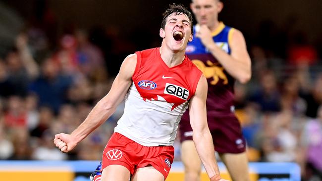 Sydney’s Errol Gulden celebrates after kicking a goal against the Brisbane Lions at the Gabba. Picture: Getty Images