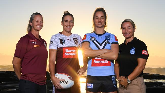 Maroons coach Tahnee Norris, skipper Ali Brigginshaw and NSW captain Kezie Apps and coach Kylie Hilder. Picture: Nathan Hopkins/NRL Photos