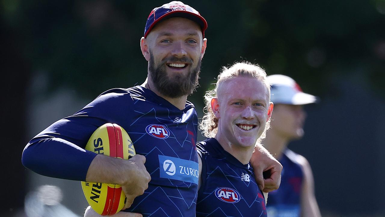 Max Gawn and Clayton Oliver during Melbourne training. Picture by Michael Klein