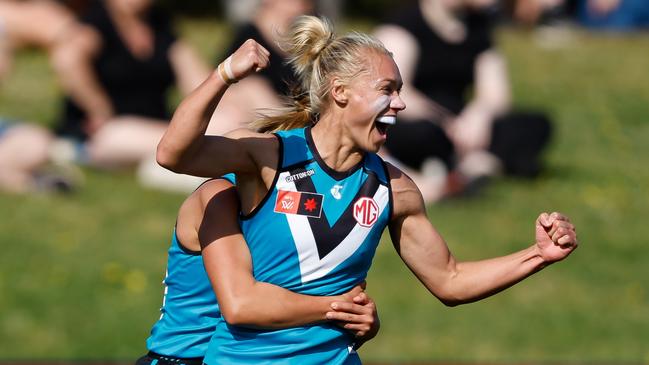 Erin Phillips celebrates her first goal for the Power. Picture: Dylan Burns/AFL Photos via Getty Images