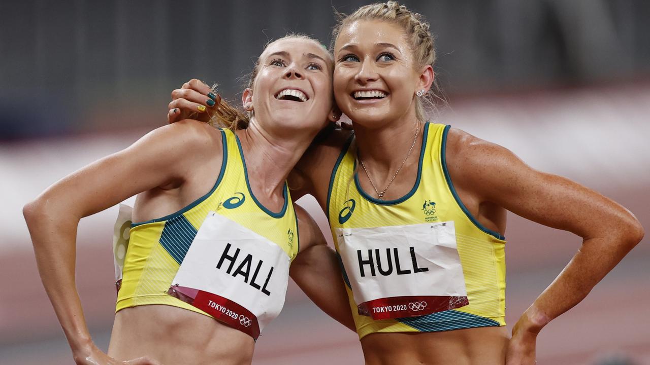 Aussies Linden Hall and Jessica Hull were all smiles after the 1500m final. Picture: Alex Coppel