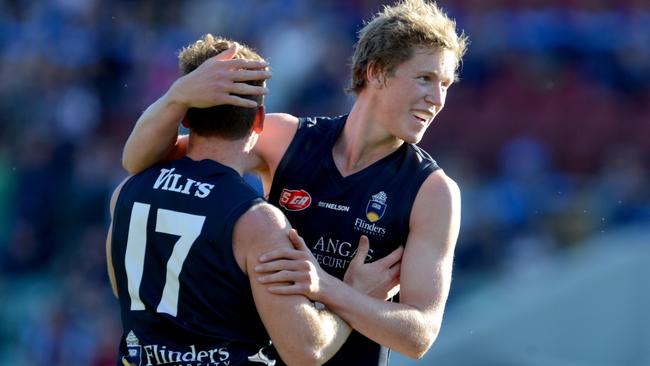 6.9.2014. SANFL Semi Final: Sturt v South Adelaide at Adelaide Oval. South's Peter Rolfe and Samuel Overall celebrate a goal. Photo Sam Wundke.