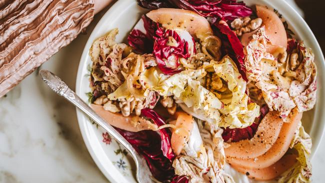 Pink radicchio salad with poached quince. Photography by Joann Pai.