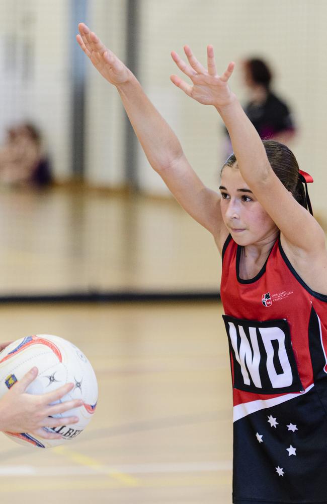 Sienna Bundy of Our Lady of the Southern Cross College, Dalby in the Laura Geitz Cup netball carnival at The Glennie School, Sunday, March 16, 2025. Picture: Kevin Farmer