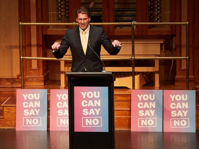 Cory Bernardi speaks at the Coalition for Marriage’s anti-same-sex marriage campaign event in Adelaide on Tuesday. Picture: AAP/Matt Loxton