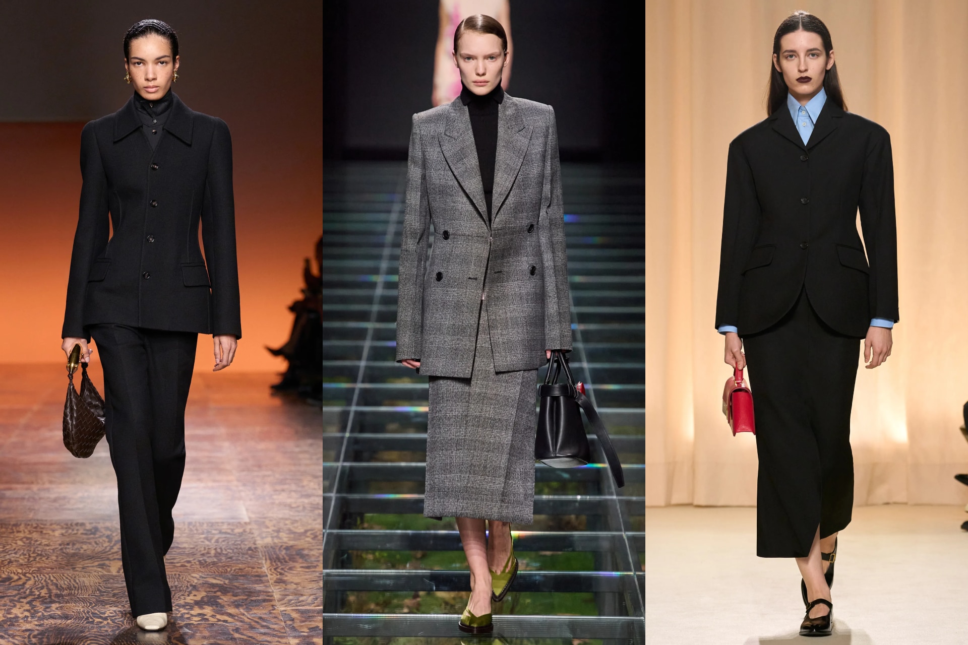 <p><i>Above (L-R): Bottega Veneta, Prada, Bally</i></p><h2><b>Office siren</b></h2><p>Milan had its own take on the corporate minimalism that flourished at NYFW. Trust the Italians to add a dash of olive oil and sex appeal; the tailoring was spare, slick and cut with a patrician precision. This was certainly the case at Bally, where Simone Bellotti told the press he was designing &ldquo;garments [so] comfortable and proper that you could wear [them] for office life in a Swiss bank&rdquo;; hence the graceful jackets and pencil skirts, which were almost austere but still undeniably feminine. In focusing on the everyday this season at Bottega Veneta, Matthieu Blazy also conjured pieces for a sultrier 9-to-5; your work crush is wearing his slim boiled wool suits and colour-blocked midi dresses. Tweed-and-silk skirt suits at Prada offered additional inspiration, while a noir-heavy Max Mara spoke to the office siren with darker tastes.</p>