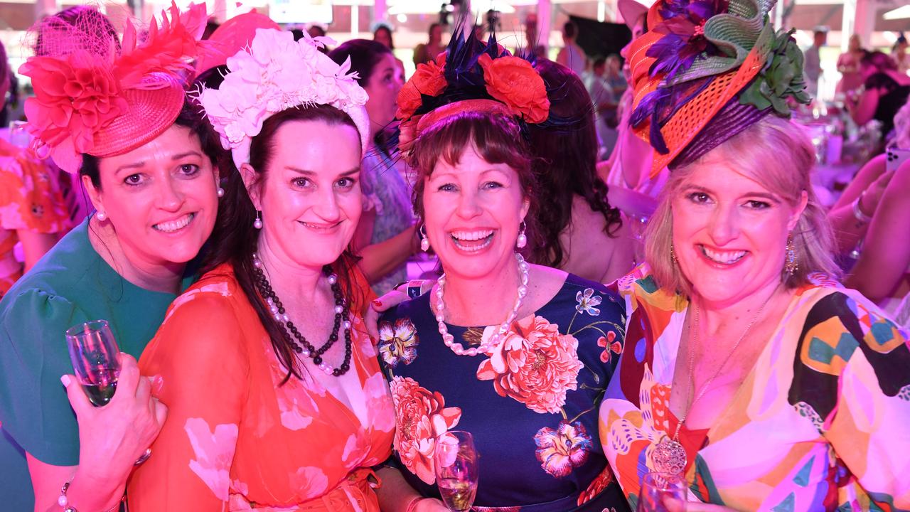 Suzette Lamshed, Penny Feilding, Katrina Cox and Sara Giner-Sarib on the dance floor at Darwin Ladies Day. Picture: (A)manda Parkinson