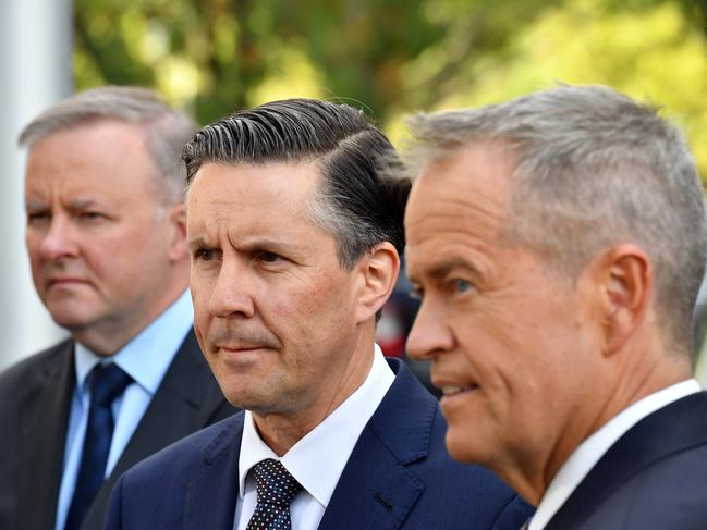 L-R: Shadow Minister for Infrastructure Anthony Albanese, Shadow Minister for Climate Mark Butler and Mr Shorten at Labor’s Climate Change Action Plan launch in Canberra on Monday. Picture: AAP