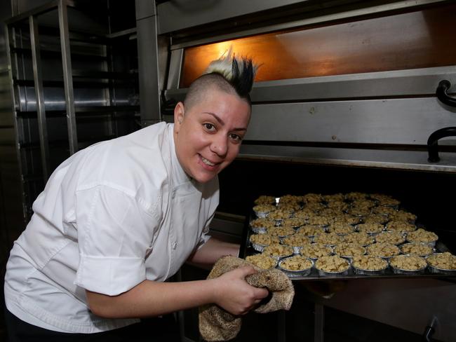 Award winning pastry chef Anna Polyviou baking pies for Dosomethingday at the Shangri La hotel at Circular Quay that will be handed out in Martin Place by OzHarvest. Picture: Craig Wilson