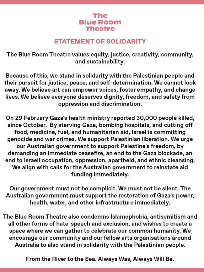 Statement of Solidarity with Gaza and the Palestinian people by The Blue Room Theatre.